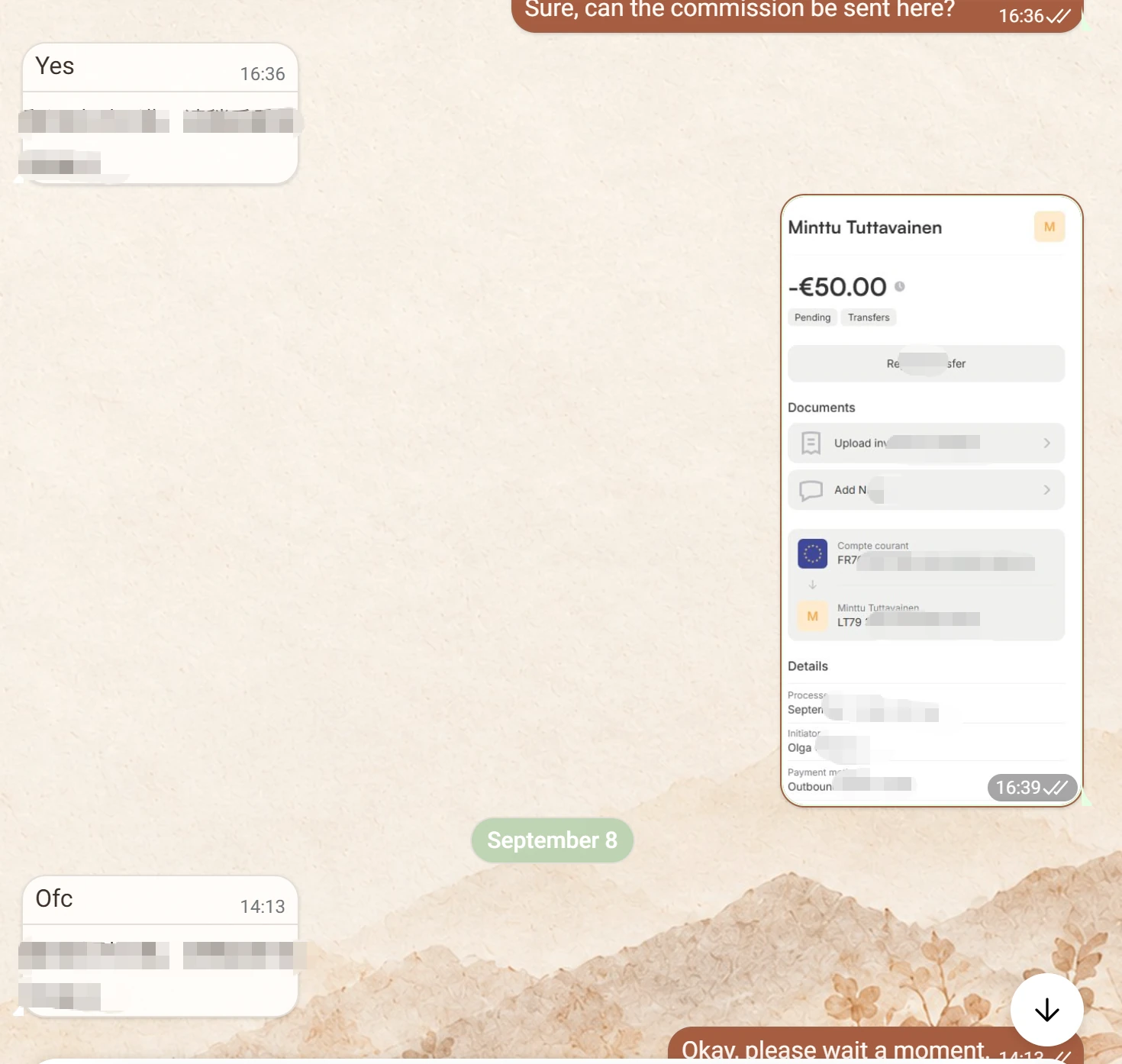 Aperçu d'une conversation WhatsApp avec un justificatif de virement